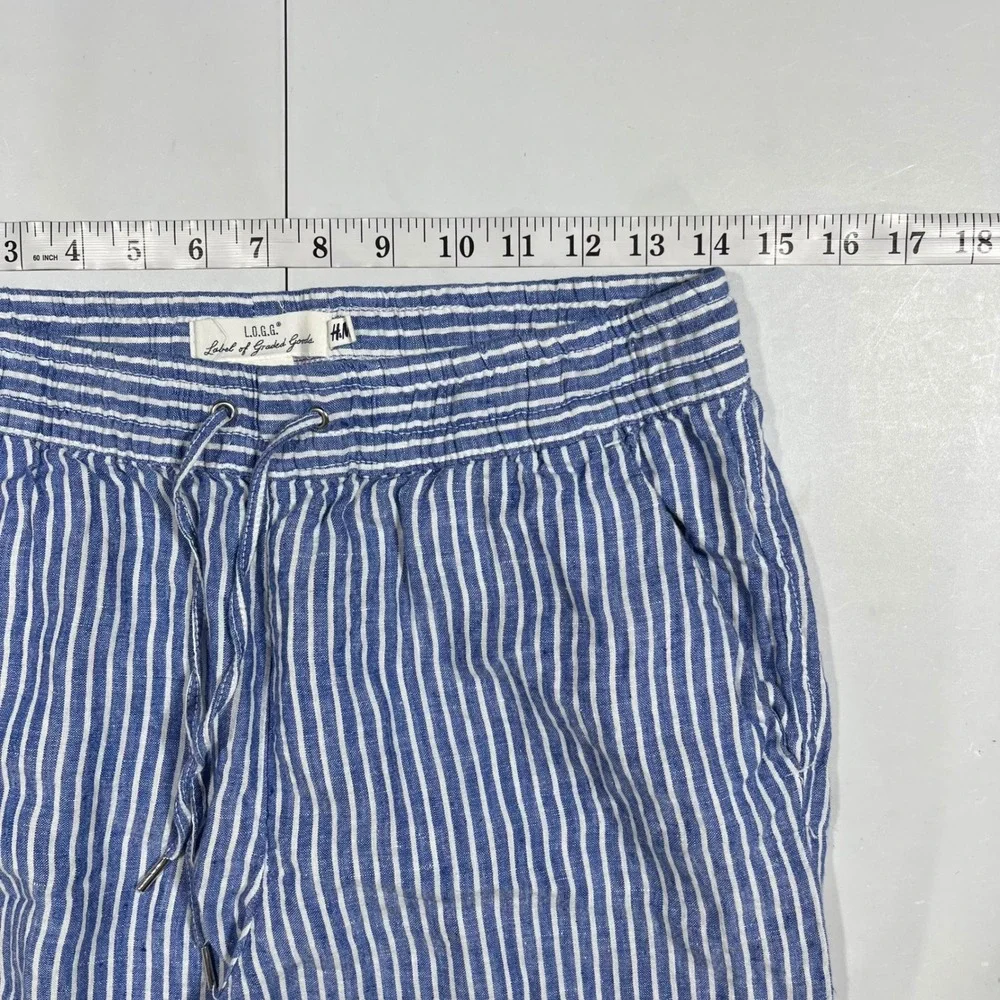 HM Fisherman Euro Summer Striped 100% Linen Drawstring Pants Women 6 Preppy Boho